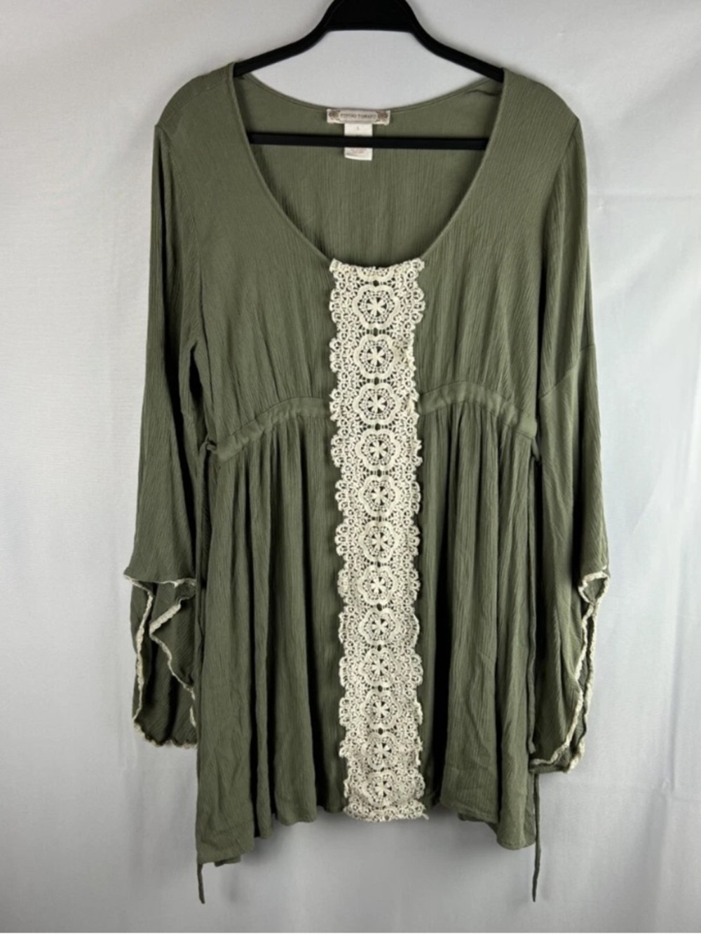 Flying Tomato Sage Green Boho Tunic with Cream Lace Panel